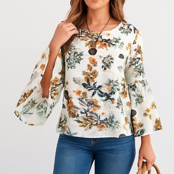 Womens M White Floral Blouse Bell Sleeve Boho Cottagecore Top Button Back Blouse - Picture 1 of 16
